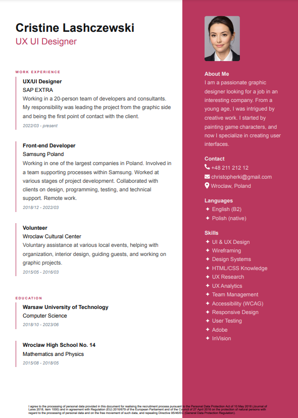 Vista previa de la plantilla de CV en inglés